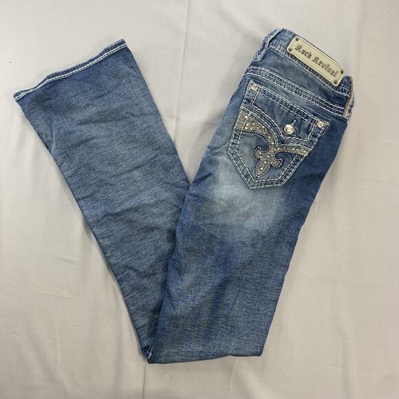 Rock Revival Women Yui Easy Bootcut Embellished Gem Pockets Blue Jeans Sz 30 - Picture 1 of 11
